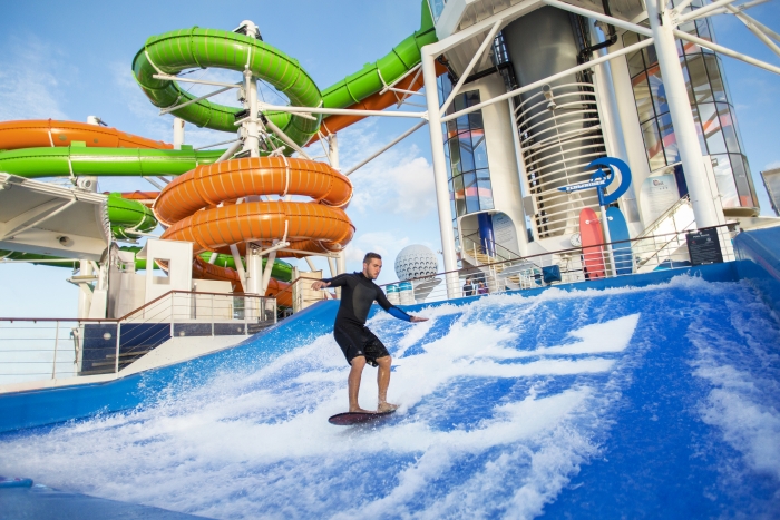March 2016 - Guests onboard Liberty of the Seas can enjoy a collection of waterslides called the Perfect Storm including the first-ever boomerang slide, Tidal Wave. The new hair-raising slide features a steep drop that propels riders up a near vertical wall for a moment of weightlessness and into free fall.