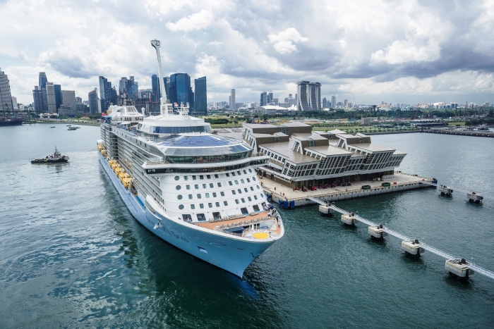 Quantum of the Seas at Marina Bay Cruise Centre Singapore in 2015. The groundbreaking ship will be the first Quantum Class ship to homeport in Singapore for a six-month season in 2019-2020.