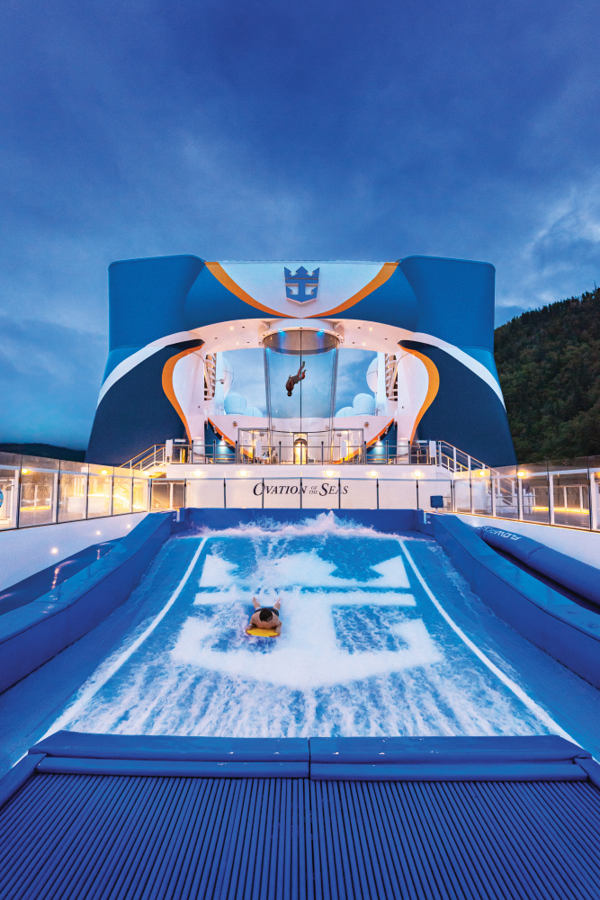Ovation of the Seas' top-deck adventures include Royal Caribbean’s signature FlowRider surf simulator and skydiving on RipCord by iFly.