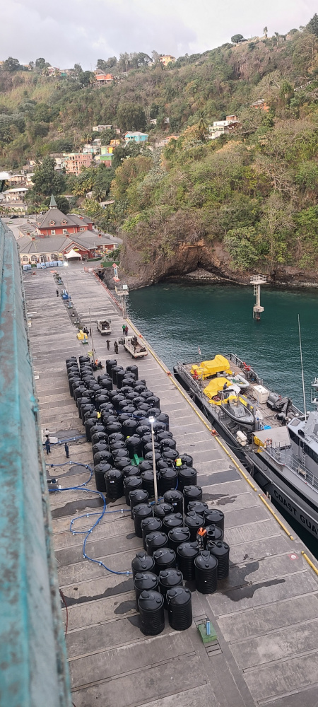 April 2021 – Royal Caribbean’s La Soufriere volcano relief efforts continue in St. Vincent. Serenade of the Seas crew members are assisting with the distribution of much-needed supplies to local residents, including about 400 tons of fresh water produced on board, in collaboration with authorities. 