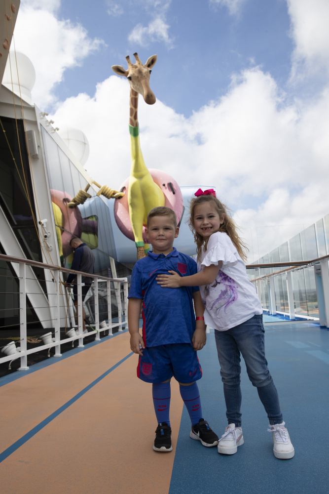 July 2021 –  Mia and William explore Anthem of the Seas, they are on board with mum, Leigh, a phlebotomist at Penbury Hospital. Royal Caribbean International set sail from the UK, welcoming guests for the first time in more than a year on board Anthem. The ship is cruising with the first of 999 emergency services, NHS, social care sector and armed forces employees, who entered a draw created by Royal Caribbean to thank the dedicated professionals for the incredible work they have carried out over the past year.