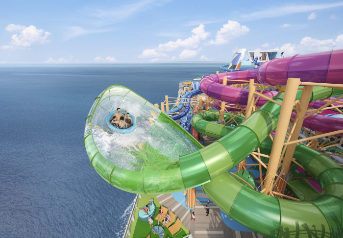 December 2023 – On Star of the Seas, adventurers are in for the ultimate thrill at the largest waterpark at sea, Category 6, in the new Thrill Island neighborhood. The six record-breaking slides reach new heights, like Storm Surge, an adrenaline-pumping family raft slide.