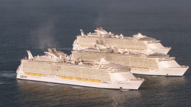 New Harmony of the Seas Welcomed by her Sister Ships: Royal Caribbean Celebrates Unprecedented Meeting of World’s Largest Ships
