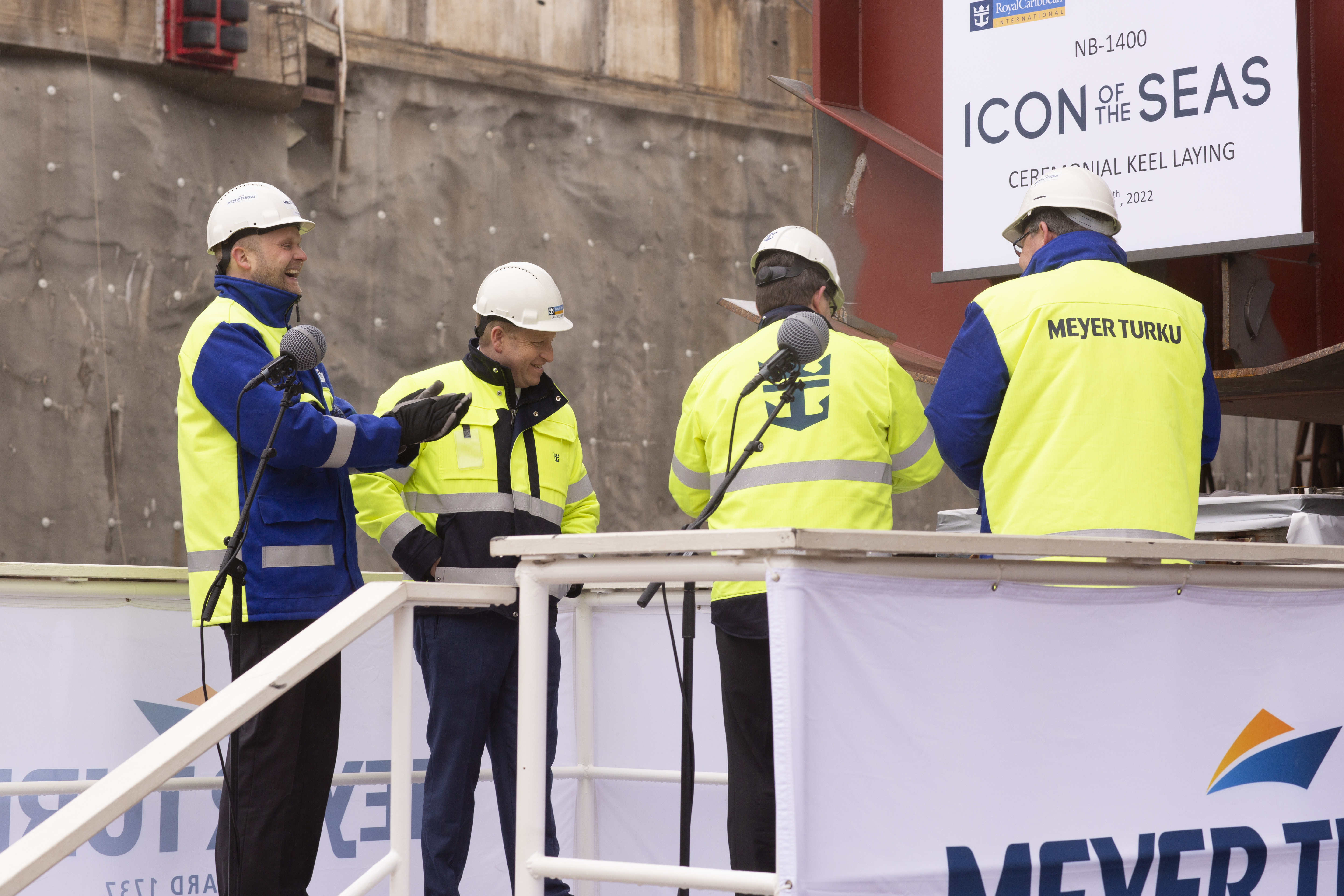 Construction on Royal Caribbean International’s highly anticipated Icon of the Seas reached a new milestone. A keel-laying ceremony took place at Finnish shipyard Meyer Turku to celebrate the progress on the revolutionary cruise ship (April 2022)
