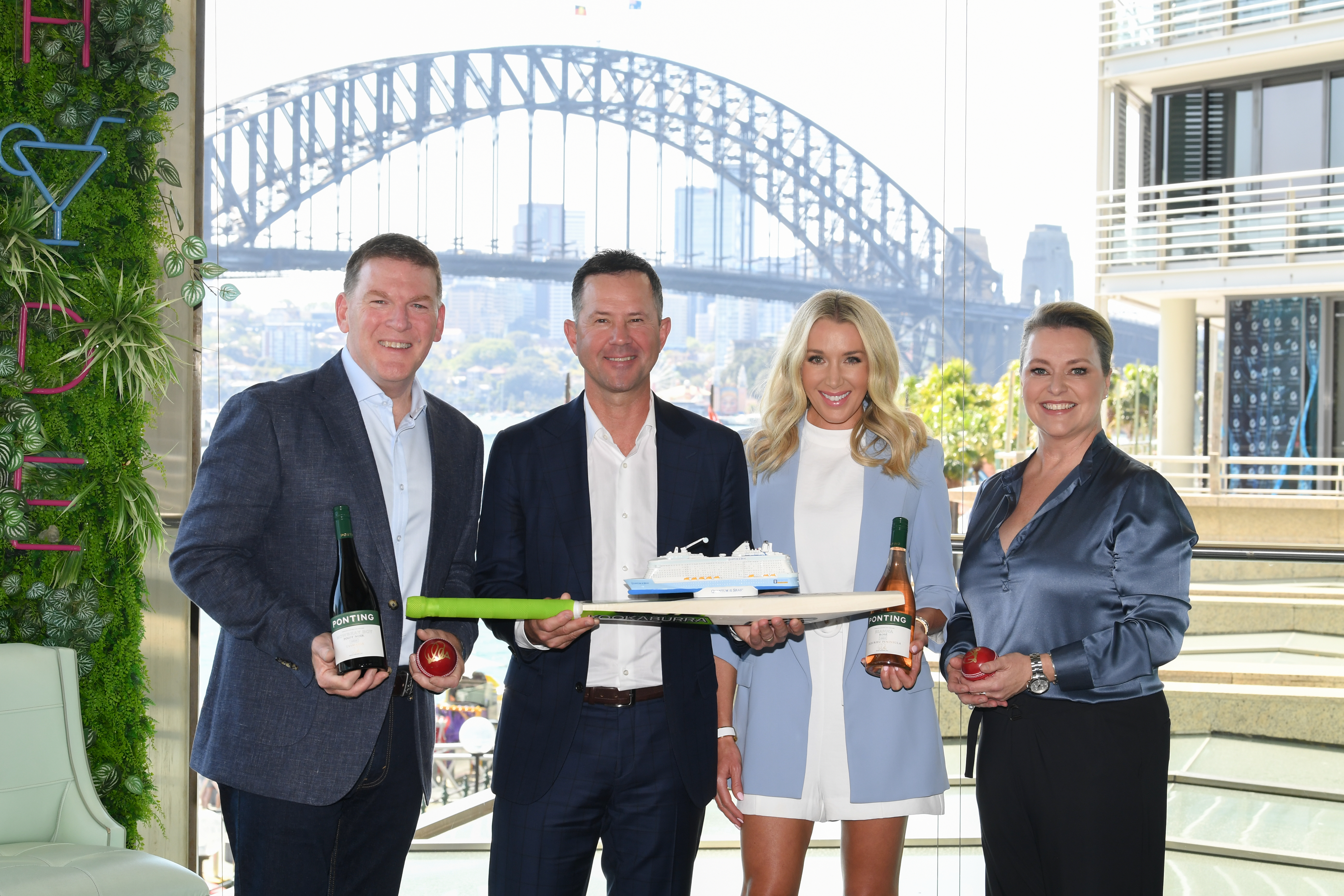 September 2023 – Gavin Smith, vice president and managing director in Australia and New Zealand for Royal Caribbean International; celebrated cricketer Ricky Ponting, Rianna Ponting; and Kathryn Lock, director of marketing in Australia and New Zealand for Royal Caribbean International, celebrate the launch of the cruise line’s new, exclusive partnership with the award-winning Ponting Wines (Image at LateCruiseNews.com - October 2023)