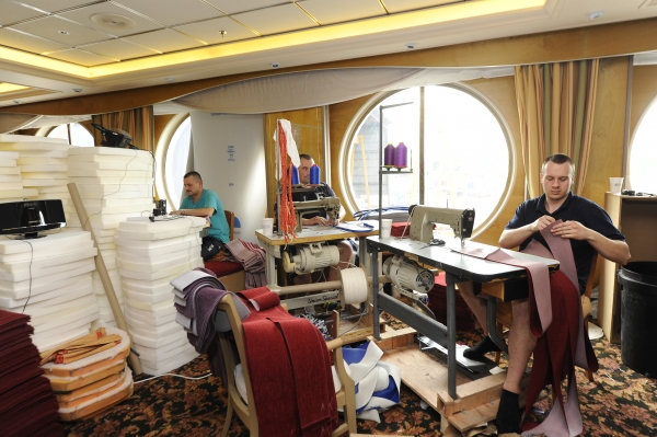 March 2012 - Royal Caribbean International's Rhapsody of the Seas undergoes a five-week revitalization. The ship's main dining room is getting new carpet, refinished wood work and much more.