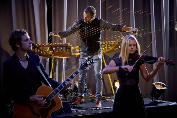Musician and innovator William Close demonstrates his Earth Harp that will be featured in Sonic Odyssey onboard Quantum of the Seas along with a variety of other one-of-a-kind majestic instruments including a unique Drum Wall consisting of 136 drums, a Vocal Percussion Jacket, Violin Dress and more.