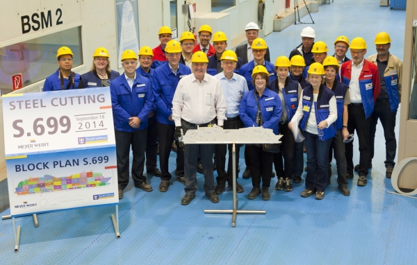 Ovation of the Seas, the third Quantum class ship, marked its official start of construction with a steel cutting ceremony at the Meyer Werft Shipyard in Germany.