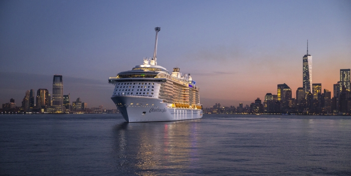 Royal Caribbean International's Quantum of the Seas arrives into the NY harbor for the first time before arriving into her home port of Cape Liberty Cruise Port in Bayonne, NJ.