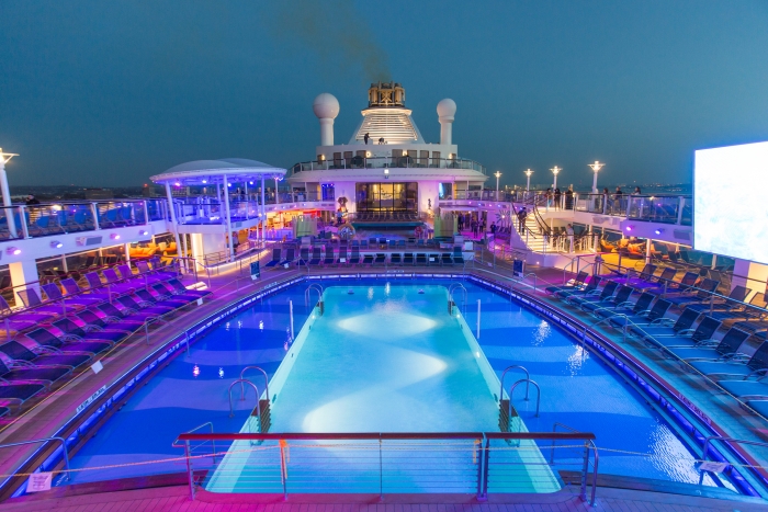 Royal Caribbean International launches Quantum of the Seas, the newest ship in the fleet, in November 2014. Evening view across the pool deck