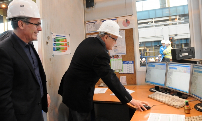 Today marked the steel cutting for a fourth Oasis ship, scheduled to be delivered in 2018. The steel cutting, marking the official start of construction, took place at the STX France shipyard in Saint-Nazaire, France, where the third Oasis-class ship also is being built. Pictured here is Harri Kulovaara, Executive Vice President, Newbuild, Royal Caribbean Cruises Ltd. Initiating the automated steel cutting of the fourth Oasis class as well as Jean-Yves Jaouen, SVP, Operations, STX France; 