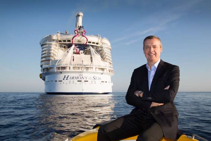 Royal Caribbean International's President and CEO, Michael Bayley, sends off the cruise line's newest ship, Harmony of the Seas, departing from summer homeport Barcelona, Spain. Credit SBW-Photo