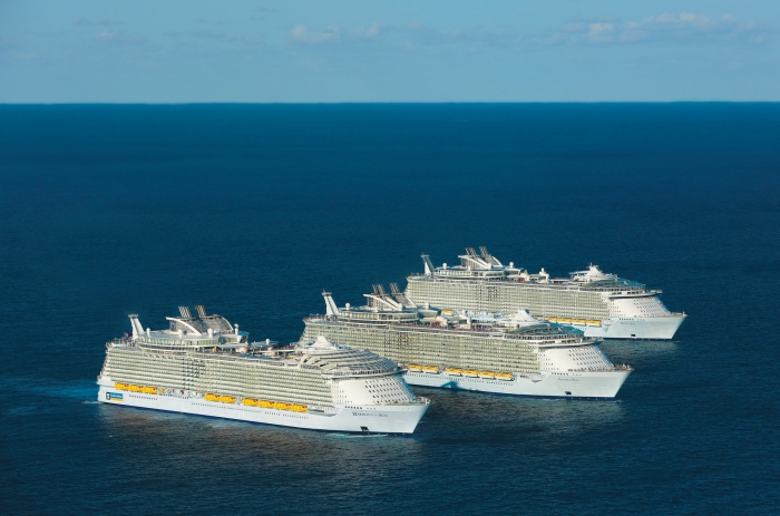Royal Caribbean International’s Oasis-class ships, Oasis of the Seas, Allure of the Seas and the new Harmony of the Seas, struck a chord today, greeting each other at sea for the first and possibly only time. In a meeting of unprecedented proportions, the three record-breaking sisters came together to celebrate the U.S. arrival of Harmony of the Seas on the eve of the ship’s debut in her new permanent homeport of Port Everglades in Fort Lauderdale, Fla.