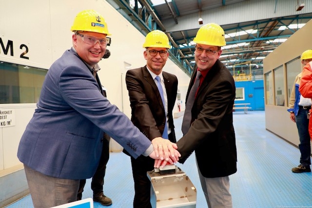 August 15, 2017 - Royal Caribbean International marked the official start of construction by cutting the first piece of steel for its new Quantum Ultra ship. The next engineering marvel in the innovative cruise line’s lineup will officially be named Spectrum of the Seas. Present at the event was (L to R): Sebastian Brunilla, Project Director Quantum Class, Royal Caribbean International; Stephan Schnees, Director Project Management, Meyer Werft; and Carsten Pengel, Project Manager, Meyer Werft.