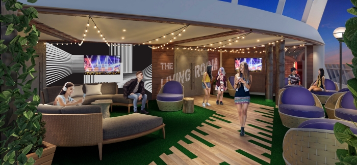 The teen areas on board Navigator of the Seas will sport updates with a redesigned Living Room, the teen-only laidback hangout, as well as a new “hidden” entrance and outdoor deck that serves up nothing but chill vibes.