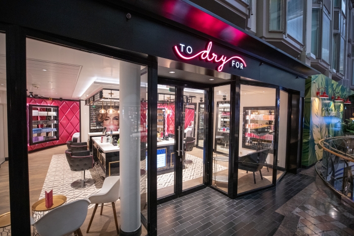 March 2019 - To Dry For is the first standalone blow-dry bar at sea, offering blowouts, hairstyling and other services, plus a selection of wines and champagnes.