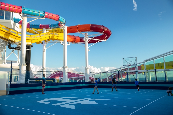 March 2019 - The aft of Navigator of the Seas features the ship’s FlowRider surf simulator, The Perfect Storm waterslides, the Sports Court and the rock-climbing wall.