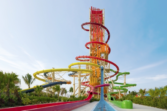 May 2019 – At the heart of Perfect Day at CocoCay, Royal Caribbean’s private island destination in The Bahamas, is Thrill Waterpark, featuring Daredevil’s Tower where Guests can push their limits on seven exhilarating single-rider waterslides of various heights, including the 135-foot-tall Daredevil’s Peak – the tallest waterslide in North America. Additional highlights are the twin Dueling Demon drop slides, launching riders from a vertical position; the Manta Raycers, where friends can race down twin open flume slides; the high-speed, fully vertical Screeching Serpent; and the coiling Green Mamba, a massive aqua tube slide.