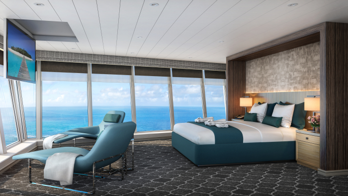 October 2019 – The amplified Oasis of the Seas will debut Royal Caribbean’s Ultimate Panoramic Suite category. Above the ship’s bridge, the two 914-square-foot suites offer 200-degree panoramic views with floor-to-ceiling windows and an array of luxuries including a walk-in closet, living area, and exclusive amenities as part of the top Royal Suite Class tier – Star Class.