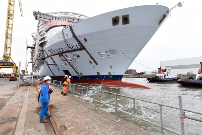 September 2020 – Construction on Wonder of the Seas continues as the ship transferred to its outfitting dock at Chantiers de l’Atlantique shipyard in Saint-Nazaire, France on Sept. 5. The fifth Oasis Class ship will debut in 2022.