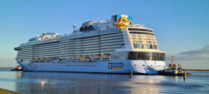 March 2021 – The highly anticipated Odyssey of the Seas reaches its next construction milestone – a 10-plus-hour conveyance. Escorted by two tugboats, the ship slowly traveled backward 20 miles (32 kilometers) down the Ems River to reach the North Sea.
