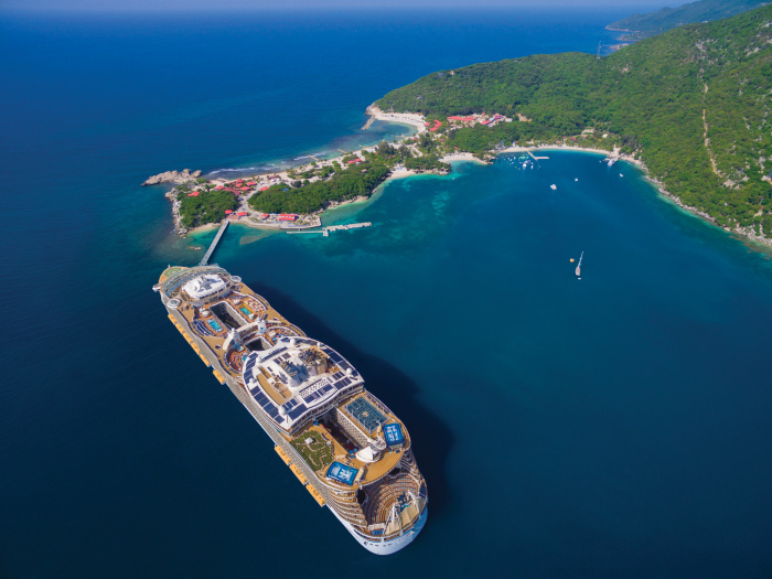 Royal Caribbean’s Allure of the Seas at Labadee, Haiti, Royal Caribbean’s private destination. The Oasis Class ship touts the signature seven-neighborhood concept that offers vacationers thrills and relaxation. From the FlowRider surf simulator and 9-deck-high zip line in the Pool and Sports Zone, to the Boardwalk and its one-of-a-kind open-air AquaTheater, and the Youth Zone, the Oasis Class ship is designed for every member of the family.