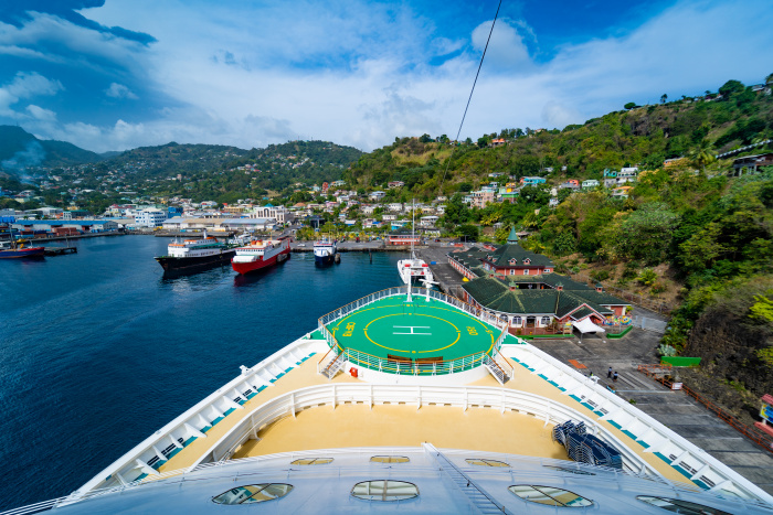 April 2021 – Royal Caribbean’s Serenade of the Seas docked at the eastern Caribbean island of St. Vincent to help evacuate residents after the eruption of La Soufriere volcano.