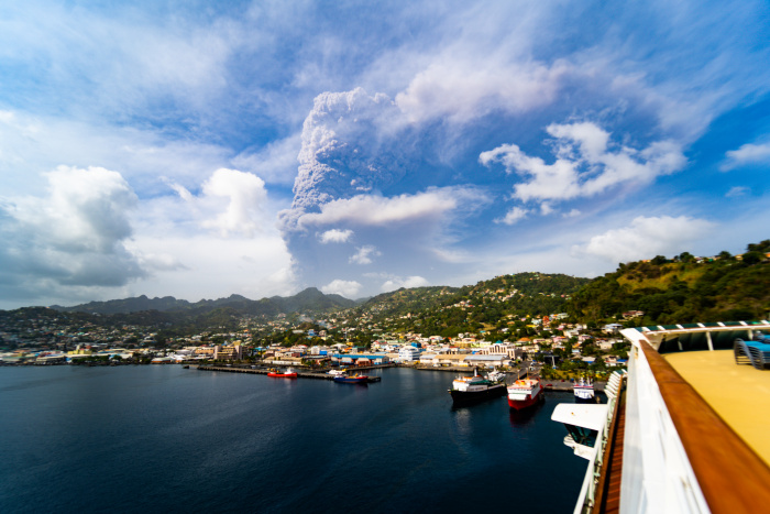 April 2021 – Royal Caribbean’s Serenade of the Seas docked at the eastern Caribbean island of St. Vincent to help evacuate residents after the eruption of La Soufriere volcano.
