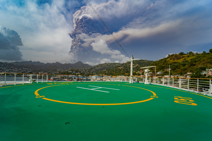 April 2021 – Royal Caribbean’s Serenade of the Seas docked at the eastern Caribbean island of St. Vincent to help evacuate residents after the eruption of La Soufriere volcano.