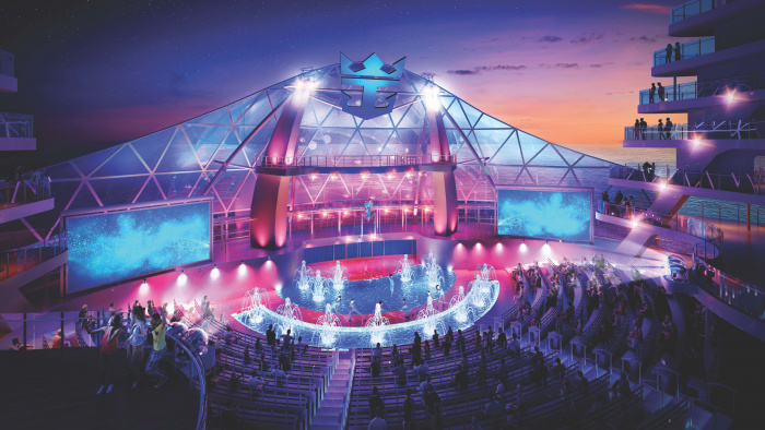 September 2021 – The world’s largest cruise ship, Wonder of the Seas, will be the first Oasis Class ship to feature eight neighborhoods when it sets sail in the U.S. and Europe in 2022. Guests of all ages have in store a lineup of all-new experiences and returning favorites like the AquaTheater. The open-air entertainment venue in the Boardwalk neighborhood, where slackliners, divers, dancers, acrobats and more perform at the deepest pool at sea, will sport a new look with a stunning backdrop. 