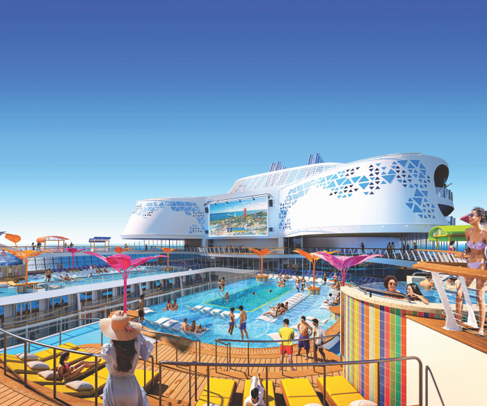 September 2021 – Setting sail in the U.S. and Europe in 2022, the new Wonder of the Seas brings to life a pool deck experience with Caribbean vibes, live music and more. Signature bar The Lime & Coconut is on deck, alongside The Perfect Storm high-speed waterslides, kids aqua park Splashaway Bay, casitas, in-pool loungers, and the largest poolside movie screen in the Royal Caribbean fleet.