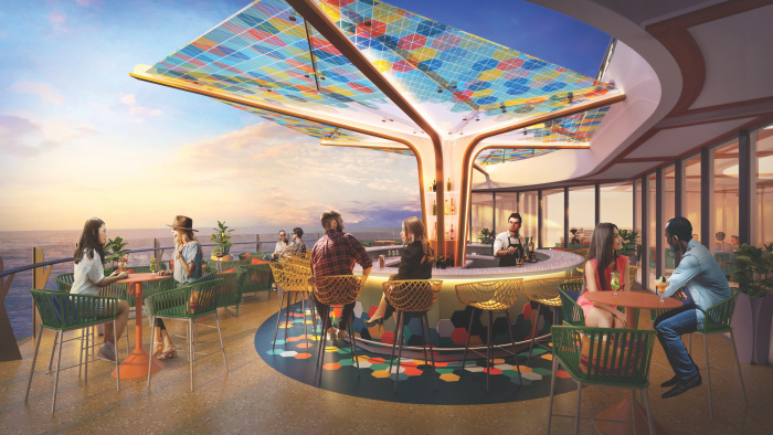 September 2021 – The world’s largest cruise ship, Wonder of the Seas, will debut in the U.S. and Europe in 2022. Joining the lineup of returning favorites, such as The Ultimate Abyss – the tallest slide at sea, are all-new features. The new cantilevered bar, The Vue, offers panoramic ocean views from high above on the pool deck. After sunset, it shines bright with a colorful mosaic canopy overhead.