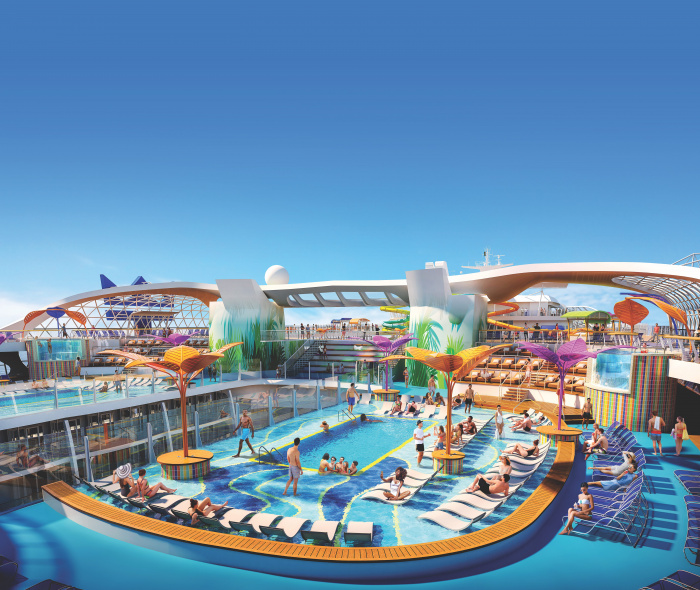 September 2021 – Setting sail in the U.S. and Europe in 2022, the new Wonder of the Seas brings to life a pool deck experience with Caribbean vibes, live music and more. Signature bar The Lime & Coconut is on deck, alongside The Perfect Storm high-speed waterslides, kids aqua park Splashaway Bay, casitas, in-pool loungers, and the largest poolside movie screen in the Royal Caribbean fleet.