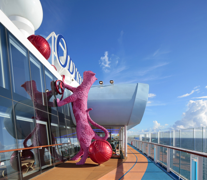 Odyssey of the Seas’ top deck features thrills, from skydiving at RipCord by iFly and surfing on the FlowRider, and the ship’s mascot. The flower cat sculpture was dreamed up by British artist Joseph Massie.