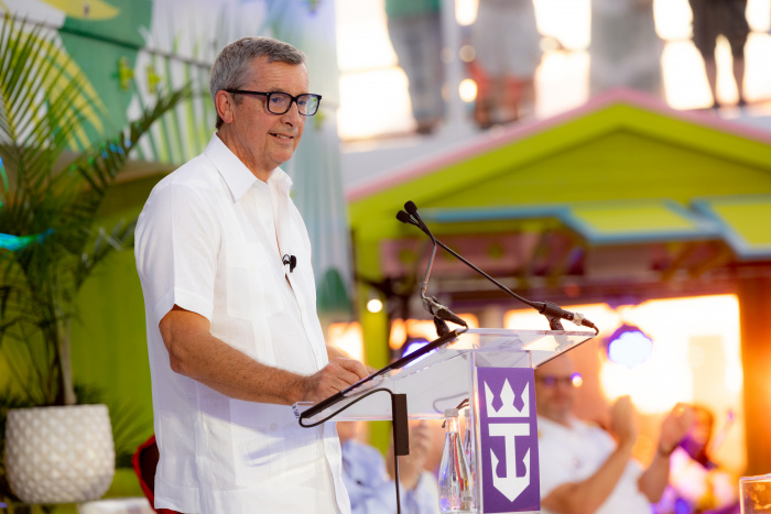 November 2021 - Royal Caribbean International’s President and CEO, Michael Bayley, speaks at the cruise line’s Caribbean-inspired naming ceremony for new, game-changing ship Odyssey of the Seas. The celebratory occasion took place at Port Everglades in Fort Lauderdale, Florida on Saturday, Nov. 13.