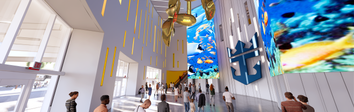 December 2021 – The entryway of Royal Caribbean International’s $125 million, 161,300-square-foot terminal in Galveston, Texas. Opening in fall 2022, the state-of-the-art building will welcome Allure of the Seas for its big Texas debut – the first Oasis Class ship to cruise from the area.