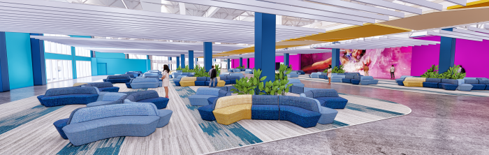 December 2021 – The boarding area of Royal Caribbean International’s $125 million terminal in Galveston, Texas. Opening fall 2022, it will welcome the big Texas debut of the world’s largest cruise ships. The state-of-the-art building, measuring 161,300 square feet, will feature smart technology to make for a seamless check-in experience.