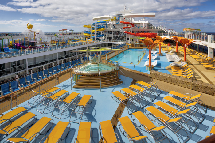 A vibrant pool deck with Caribbean vibes, live music and more is on deck aboard Wonder of the Seas. From one sun-soaked destination to the next, vacationers can enjoy the new, cantilevered Vue Bar, signature bar The Lime & Coconut, The Perfect Storm high-speed waterslides, kids aqua park Splashaway Bay, casitas, the largest poolside movie screen on a Royal Caribbean ship, and more.