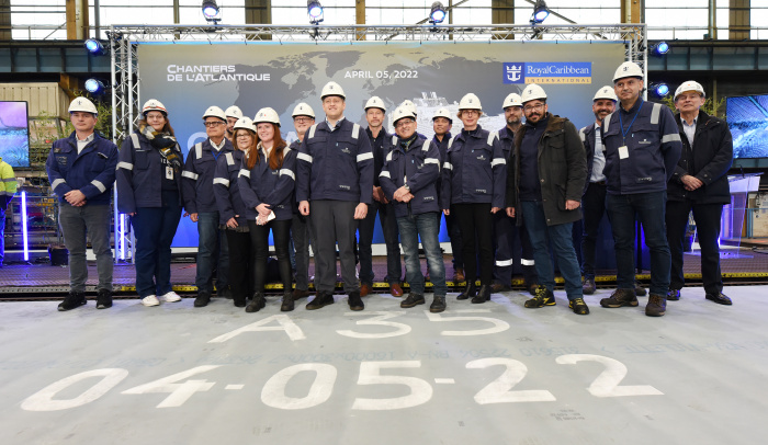 April 2022 – On April 5, Royal Caribbean International began construction on the next ship in the revolutionary Oasis Class at a steel-cutting ceremony held at the Chantiers de l’Atlantique shipyard in Saint-Nazaire, France. Debuting spring 2024, the sixth Oasis Class ship will be named Utopia of the Seas and the first of its class powered by LNG (liquefied natural gas).Photo Credit: © Bernard Biger – Chantiers de l’Atlantique