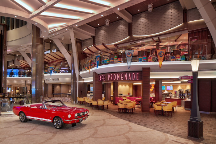 The Royal Promenade on board Wonder of the Seas is lined with shops, grab-and-go eateries, as well as bars and lounges. Highlights include Spotlight Karaoke, the Rising Tide Bar that moves between three decks, and hotspots for live music – Boleros and the Cask & Clipper pub.
