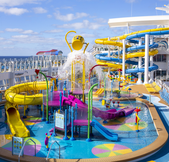 Kids aqua park Splashaway Bay on Wonder of the Seas welcomes the youngest of travelers to play poolside with waterslides, fountains, water cannons, a drench bucket and more.