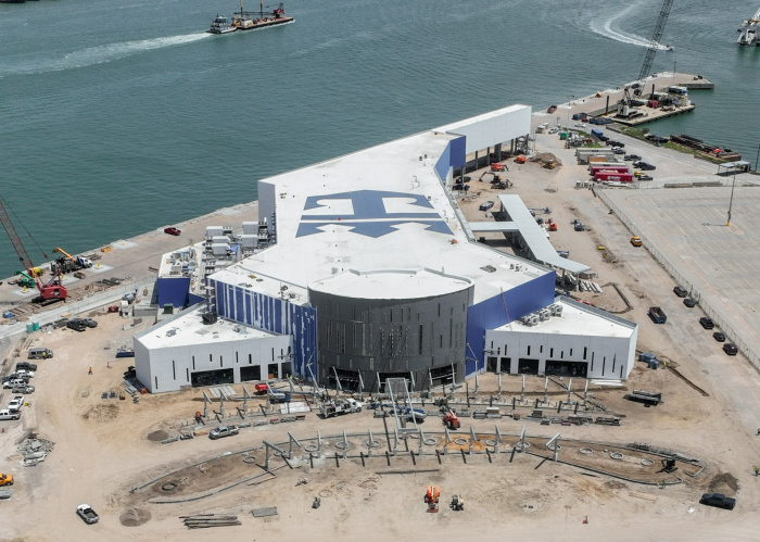 August 2022 – Construction progresses on Royal Caribbean International’s $125 million cruise terminal in Galveston, Texas. The latest photos show the state-of-the-art terminal about 75% complete after the installation of active power and air conditioning. The opening of the 170,000-square-foot building in November 2022 will mark the first time Galveston welcomes the world’s largest cruise ships, the cruise line’s signature Oasis Class, beginning with Allure of the Seas.