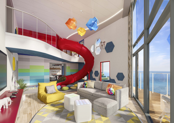 December 2023 – Star of the Seas will feature the Ultimate Family Townhouse. Spanning three levels, the perfect home away from home for families features an in-suite slide, a cinema space, karaoke, two balconies, a private entrance to the ultimate family neighborhood, Surfside, and more.