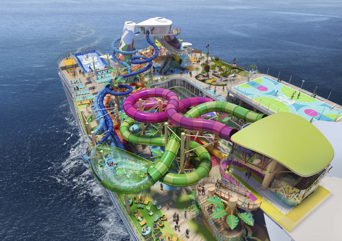 December 2023 – On Star of the Seas, adventurers are in for the ultimate thrill at the largest waterpark at sea, Category 6, in the new Thrill Island neighborhood. The six record-breaking slides reach new heights: Pressure Drop, the industry's first open free-fall slide; Frightening Bolt, the tallest drop slide at sea; Storm Surge and Hurricane Hunter, adrenaline-pumping family raft slides; and Storm Chasers, cruising's first mat-racing duo.