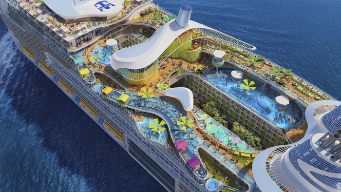 December 2023 – In the new Chill Island on Star of the Seas, there's a pool for every mood and each with prime ocean views. Of the seven pools, the four in this three-deck slice of paradise include Royal Caribbean's first swim-up bar at sea, Swim & Tonic; Royal Bay Pool, the largest pool at sea; and the adults-only retreat, Cloud 17.