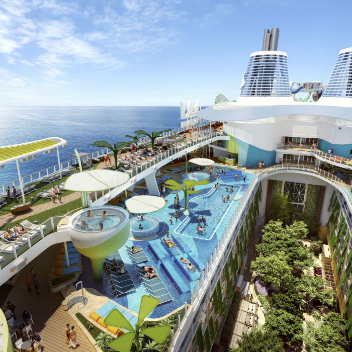 October 2022 – Royal Bay Pool in the new Chill Island neighborhood on Icon of the Seas is the largest pool at sea. Vacationers can enjoy island time all the time and take a dip in one of the seven pools on board, which also features whirlpools, in-water loungers and breathtaking views.