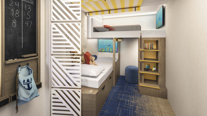 December 2023 – The Family Infinite Balconies on Star of the Seas invite families of up to six to make memories together and find “me time” all the same. The spacious room features a separate bunk alcove for kids, decked out with TVs, beds and space to hang out, a split bathroom design and an infinite balcony that turns into an open-air scape at the push of a button.