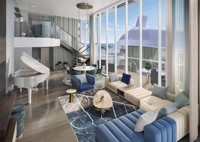 October 2022 – The two-level Royal Loft Suite on board Icon of the Seas is the ultimate in luxury. There are more than 2,000 square feet six vacationers can enjoy, complete with two bedrooms, two bathrooms, a living area, a wraparound balcony with a whirlpool, dining area and expansive ocean views.