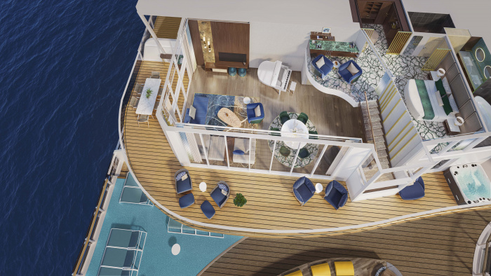 October 2022 – The two-level Royal Loft Suite on board Icon of the Seas is the ultimate in luxury. There are more than 2,000 square feet that six vacationers can enjoy, complete with two bedrooms, two bathrooms, a living area, a wraparound balcony with a whirlpool, dining area and expansive ocean views.