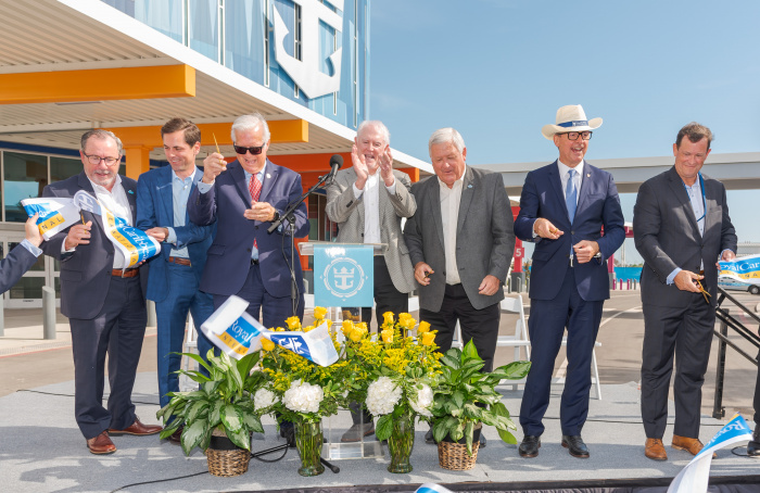 November 2022 – On Wednesday, Nov. 9, a ribbon-cutting ceremony was held to open Royal Caribbean International’s new $125 million cruise terminal in Galveston, Texas, and the arrival of the state’s largest cruise ship yet, Allure of the Seas. From left to right: Galveston Wharves Board of Trustees Chairman Harry Maxwell, State Senator Mayes Middleton, U.S. Congressman Randy Weber, City of Galveston Mayor Craig Brown, Galveston Wharves Port Director Rodger Reese, Royal Caribbean International President and CEO Michael Bayley, and CERES Terminals CEO Craig Mygatt.